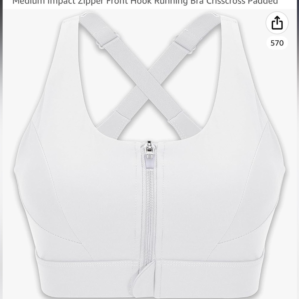 White Front Zip Sports BRA by Cordaw. High Support. Removable pads. Size L. New! - Picture 2 of 9